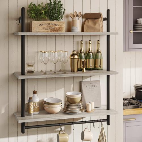 Bestier Floating Pipe Shelving Kitchen Shelves Wall Mounted 3 Tier Ladder Coffee Bar Shelf 3 Tier Bundle, Retro Grey