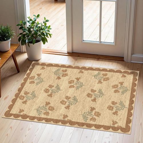 Front Door Mat Indoor Outside Entrance 2x3 Tan Floral Scalloped Rug