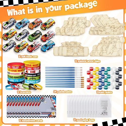 Race Car Party Favors for Kid, Racecar Wodden Painting Crafts Kit Mini Pull Back Cars Silicone Bracelets Boy Birthday Goodie Bag Stuffer Filler Class Prize Racing Birthday Party Supplies Decor