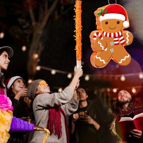 Christmas Gingerbread Man Piñata 16 Inch Mexican Piñata with Stick Blindfold Pack Christmas Prop Bundle for Xmas Birthday Holiday Game Favors Photo Prop Decoration