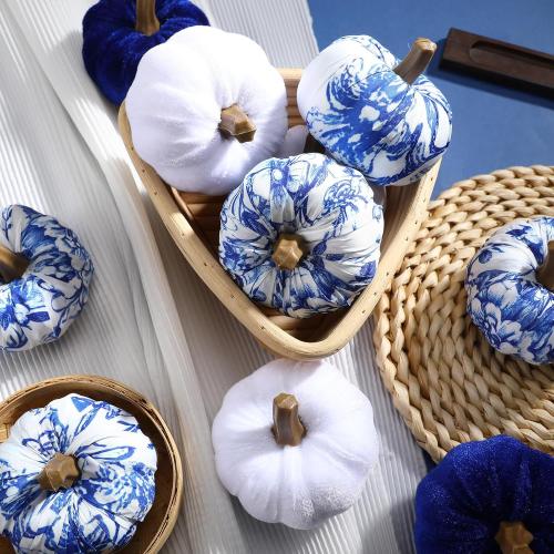 Geelin 12 Pcs Blue and White Pumpkins Thanksgiving Fall Small Fabric Pumpkin Decorative Artificial Chinoiserie Autumn Decor for Gifts Fall Thanksgiving Table Centerpiece Mantel Farmhouse Decor