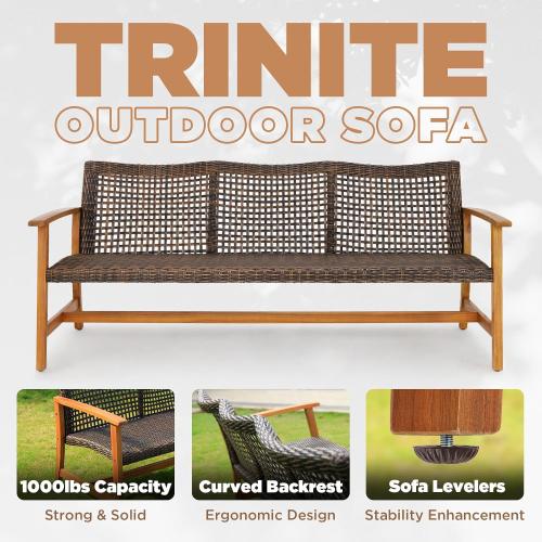 IDZO  3 Seater Patio Couch  Wicker, Teak Finish Furniture Set, Trinite Brown