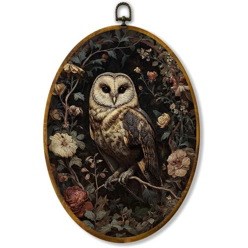 zewepri Dark Floral Barn Owl Oval Canvas Art