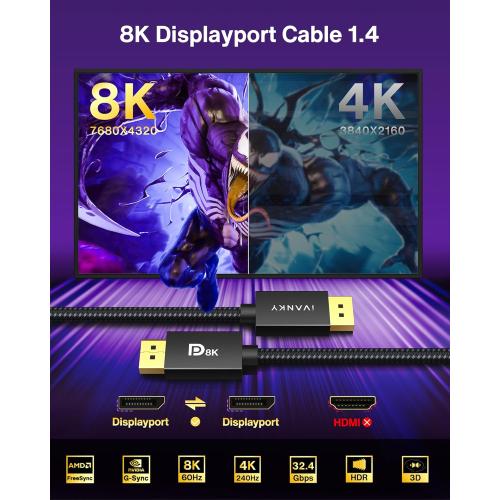 IVANKY VESA Certified 8K DisplayPort Cable 1.4, 6.6ft DP Cable Supports HDR | Display Port Cable, 8K@60Hz, 4K@240Hz, 2K@240Hz, HBR3, 32.4Gbps, HDCP 2.2, FreeSync G-Sync, for Gaming Monitor, Graphics, PC