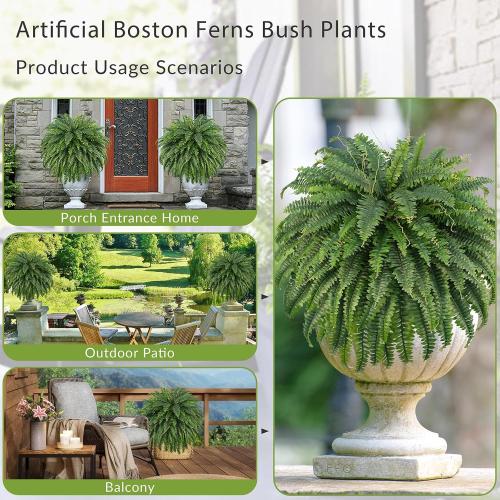 50 Artificial Boston Ferns, Fake Bush Plants, Large Faux Ferns with 96 Fronds for Outdoors Home Decor