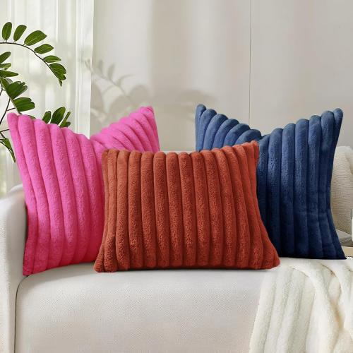 decorUhome Cozy Faux Fur Spring Throw Pillow Covers 18x18 Set of 2 Decorative Soft Plush Striped Modern Farmhouse Boho Couch Pillow Cases with Velvet Back for Sofa Bed Living Room, Blue