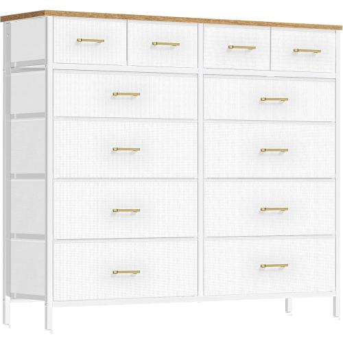 VASICAR White Dresser for Bedroom with 12 Deep Drawers, Wide Chest of Drawers, 55 TV Stand with Retro Wood Top, Tall Fabric Dresser for Closet, Nursery