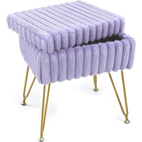 Vanity Stool Chair with Storage, Faux Fur Soft Padded Ottoman with Coffee Table, Modern Vanity Chair Fluffy Footstool with Metal Legs for Makeup, Living Room,Bedroom Purple
