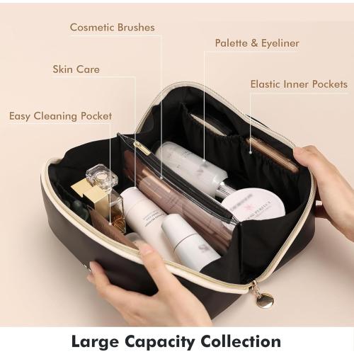 Prite Makeup Bag for Women Travel Waterproof Vegan Leather Cosmetic Bag Open Flat Toiletry Bag With Clear Divider and Handle (Large Black)