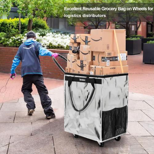 (Large,Silver) Reusable Grocery Bag on Wheels, Foldable Rolling Tote, Shopping Trolley, Zipper Clouser Shopping Carts for Trips, Laundry, 5 Heavy Duty Wheels