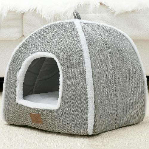 Cat Beds for Indoor Cats-Cat Bed Cave House Tent for Kittens and Small Pets with Washable Cushioned,Soft and Warm Indoor House, Grey, 15 inches