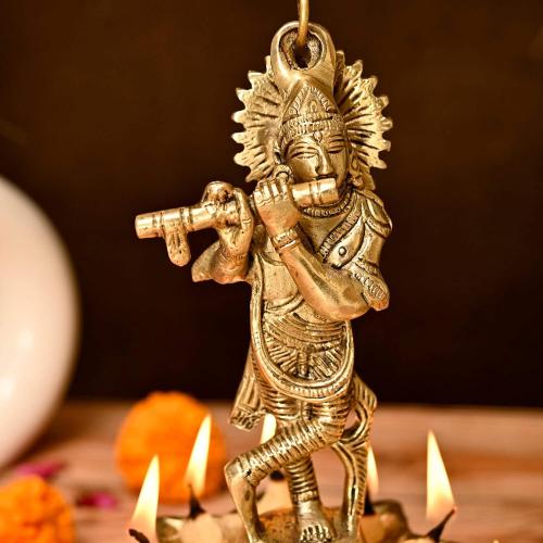 LOVENSPIRE Brass Krishna Wall Hanging Diya with Bells & Chain Krishna Hanging Idol Oil Lamp Home Temple Mandir Office Diwali Decor Kathu Vilakku Puja Diyas - Deepawali Housewarming Return Gifts