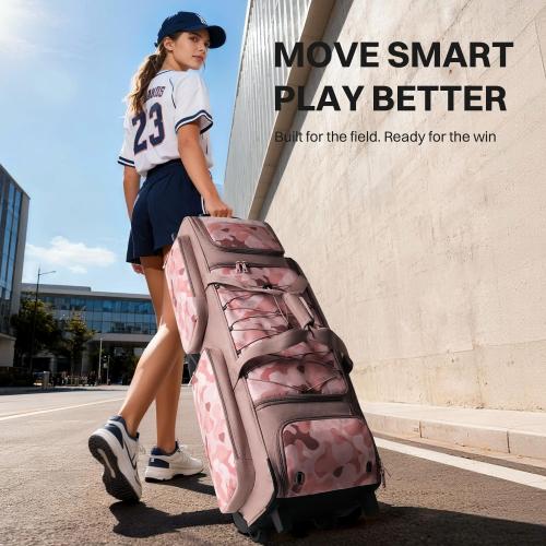 AUROTIER Large Rolling Baseball Catchers Gear Bag with Wheels, Wheeled Softball Bag for 4 Bats with Fence Hooks Waterproof Pocket Shoe Compartment for T-Ball Adult, Baseball Equipment Duffle Bag