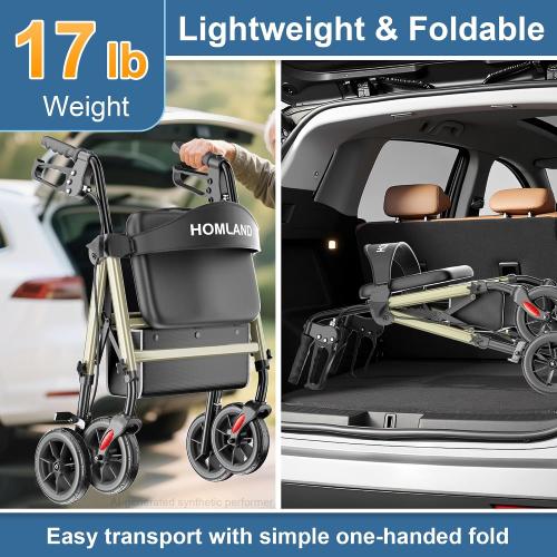 HOMLAND Foldable Walker for Seniors with Seat, 17lb Lightweight, Ergonomic | 350lb Capacity, 8 All-Terrain Wheels, Adjustable Height, Easy to Assemble, Lightweight Aluminum Frame, Champagne
