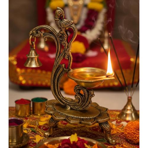 eSplanade - 8 - Peacock Diya with Bell - Lotus Shaped Round Brass Diya | Oil Lamp Deepam | Home Decor | Kuthu Vilakku | Oil Lamps for Home and Office