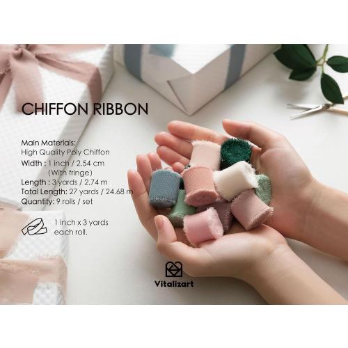 Vitalizart 1 x 27 Yd Chiffon Silk Ribbon Mixed Color Ribbons Set 3 Yd x 9 Rolls Fringe Fabric for Wedding Invitations Bridal Bouquets Party Decoration Gift Wrapping Bow Making