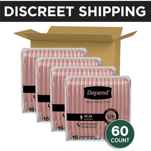 Depend Night Defense Adult Diapers, Incontinence & Postpartum Bladder Leak Underwear for Women, Disposable, Overnight, Medium, Blush, 60 Count (4 Packs of 15), Packaging May Vary