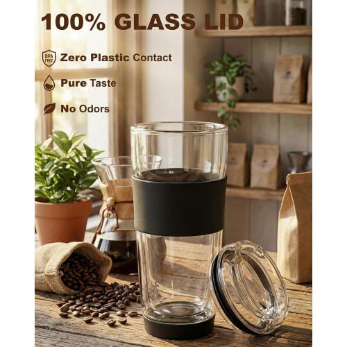 14oz Double Walled Glass Coffee Tumbler with Full Glass Lid & Silicone Sleeve - Non-Slip Insulated Travel Mug with Protective Bottom Bumper - 100% Plastic-Free