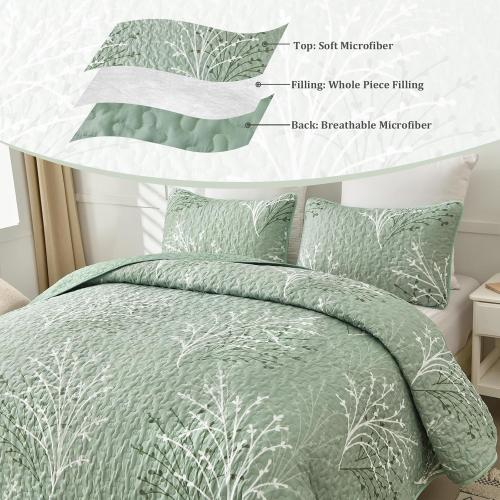 3 Pc Sage Green Quilt Set - Branch Botanical Pattern Bedspread Coverlet Set, 3 Piece Green Floral Quilt Bedding Set Soft Microfiber Daybed Cover for All Season