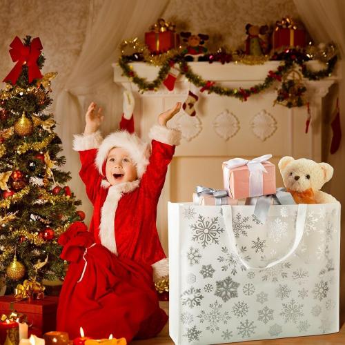 PerKoop 4 Pcs Extra Large Christmas Snowflake Gift Bag 20 x 16 Inch Jumbo Metallic Silver Bag Large Tote with Handles Christmas Tree Reusable Non Woven Gift for Xmas Party Favor Supplies