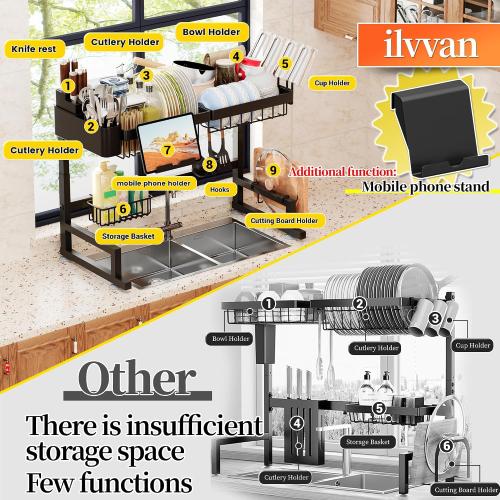 Over Sink Dish Drying Rack (Expandable Height/Length) Snap-On Design Large Dish Drainer Storage Counter Organizer 24 - 35.5(L) x 12(W) x 19 - 22(H)