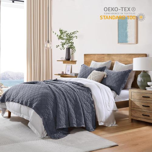 HORIMOTE HOME 100% Linen Front/100% Cotton Back Quilt Set King Size, Steel Blue Pre-Washed European Flax Linen Quilt, Diamond Stitch Bedspread Coverlet Bedding Set 3-Piece for All Seasons