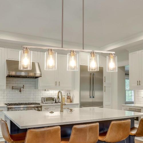 Island Light for Kitchen, Brushed Nickel Dining Room Light Fixture Over Table, 5-Light Linear Chandelier Pendant Lighting for Dining Table Kitchen Island Living Room