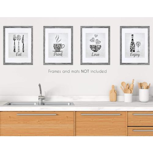 Black Grey White Mosaic Vintage Inspirational Kitchen Restaurant Cafe Bar Wall Art Decorations Eat Drink Love Wine Coffee Hearts Prints Posters Signs Sets for Rustic Farmhouse Country Home Dining