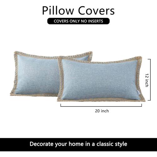 NordECO HOME Set of 2 Farmhouse Throw Pillow Covers - Burlap Linen Trimmed Tailored Edges Decorative Cushion Covers for Bed Home Decoration, 12 x 20, Blue