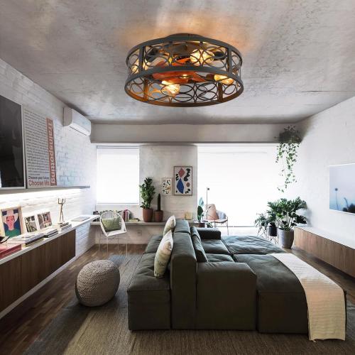 20 Caged Ceiling Fan with Light and Remote，Bladeless Ceiling Fan 6 Speed Reversible with 4 Bulbs and Remote Control.Low Profile Ceiling Fans with Lights for Bedroom, Dining Room