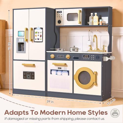 Kids Kitchen Playset with Realistic Design, Luxury Play Kitchen with Extended Storage Cabinets, Toy Kitchen for Toddlers with Coffee Counter, Cookware Accessories, Oven, Microwave (Dark Gray)