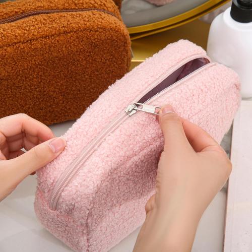 Size Small Color Pink Teddy Plush Aesthetic Cosmetic Bag,fashionable zipper fluffy Makeup bag,portable home travel skincare storage bag, terry fabric college style Mini Makeup Pouch (Pink)