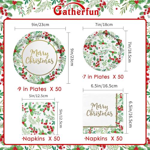 Christmas Party Supplies, Serve 50, Christmas Seasonal Holly Tableware Includes: Paper Dinner Plates, Dessert Plates, Luncheon Napkins and Beverage napkins, Great for Party Decorations