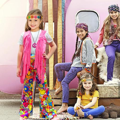 8 Pcs Girls Kids 60s 70s Hippie Costume Disco Outfits Fringe Vest Boho Bell Bottoms Hippie Outfits Accessories Set xl