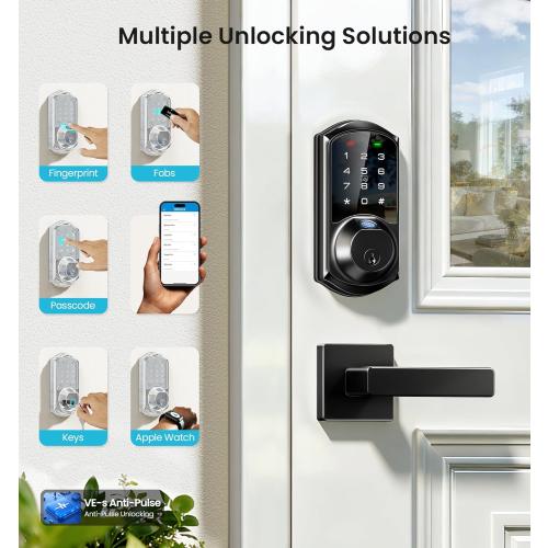 Veise VE07-L Fingerprint App Control Smart Locks with Heavy-Duty Zinc Alloy Handles, Keyless Entry for Front Door, Digital Electronic Touchscreen, Auto Lock, Waterproof, Easy Install, Matte Black