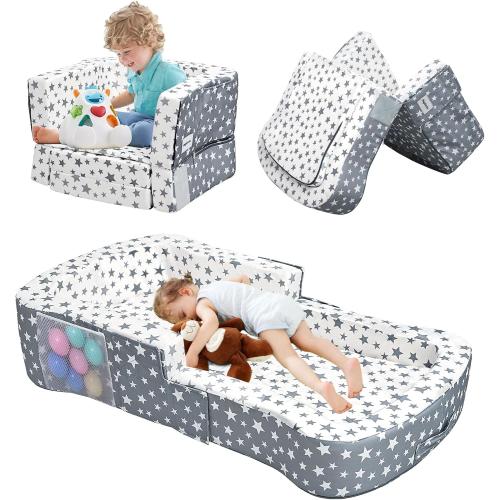 Toddler Travel Bed, Portable Toddler Bed & Chair 2-in-1 – Convertible Travel Crib with Storage Pockets, Built-waterproof Oxford Cloth, Easy,Washable Covers,Soft Dutch Velvet (Stars Pattern)