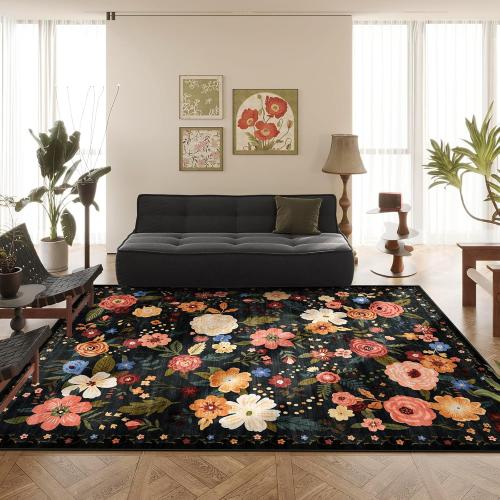 8x10 Washable Area Rug for Living Room, Floral Non-Slip Non-Shedding & Easy Care Black Green Large Soft Low Pile Indoor Floor Carpet for Living Room Bedroom Farmhouse Dining Room Kids Playroom