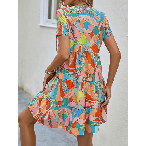 Size L/XL MUSUMI Women's Dress Allover Print Tie Neck Ruffle Hem Dress Beahala (Color : Orange,