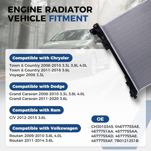 Radiator Aluminum Engine Coolant Radiator for Dodge Grand Caravan 2008-2020, Chrysler Town & Country 2008-2016, VW Routan 2009-2014, Ram C/V 2012-2015, Replace OE# CH3010345, 4677751AA