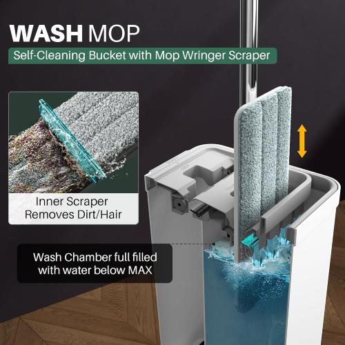 Color White JOYMOOP Mop and Bucket with Wringer Set, White Flat Squeeze Mop Bucket Set for Floor Cleaning, Wet Dry Mop for Walls, Wall Cleaner with Long Handle, Hardwood Floor Mop-5 Microfiber Cloths