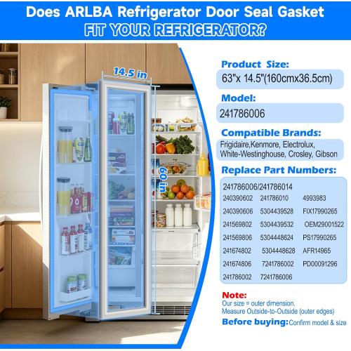Upgraded 241786006 241786014 Freezer Door Gasket Compatible for Frigidaire Refrigerator Freezer Door Seal 241786002 241786010 FFHS2611PF4 FGHS2631PF4A Gray-White