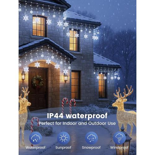 Snowflake Icicle Lights,8.2ft 144LED Curtain Fairy Light with 12 Drops,Connectable 8 Mode Timer Snowflake Christmas Lights Plug in for Bedroom,Window,Wedding,Indoor Outdoor Xmas Decor,White
