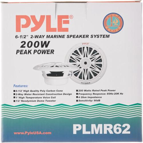 Pyle 6.5 Inch Dual Marine Speakers - 2 Way Waterproof and Weather Resistant Outdoor Audio Stereo Sound System with 200 Watt Power, Poly Carbon Cone and Butyl Rubber Surround - 1 Pair (White)