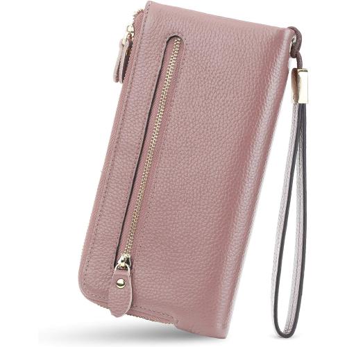 YALUXE Women's Genuien Leather Wristlet Handbag Wallet with 19 Card Slots Double Zipper Pockets for cash Cell Phone