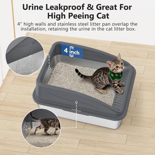 Stainless Steel Litter Box, Metal Kitty Litter Box with Scoop, Anti-Leakage Top Entry, Non-Sticky, Easy to Clean