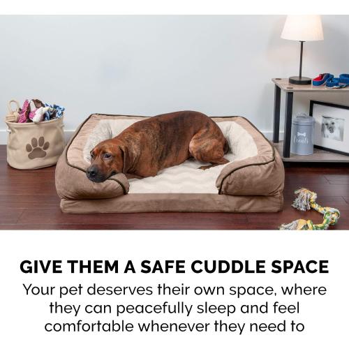 Furhaven Cooling Gel Dog Bed for Large Dogs w/ Removable Bolsters & Washable Cover, For Dogs Up to 95 lbs - Plush & Velvet Waves Perfect Comfort Sofa - Brownstone, Jumbo/XL