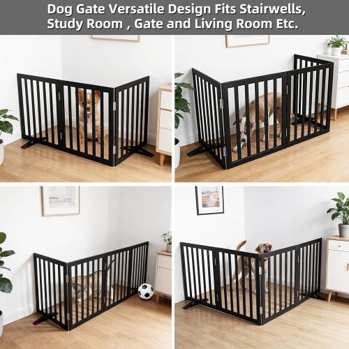 Dog Gate Indoor, Freestanding Dog Fence for The House, Doorways, Hallways,or Stairs,Pet Gate Foldable Wooden,Expandable 24 Height 3 Panels,Black