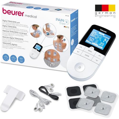 Beurer EM49 Digital TENS & EMS Device for Pain Relief and Muscle Stimulation, 15 TENS Programs, 35 EMS Programs, 2 Adjustable Channels with 4 Self-Adhesive Electrodes