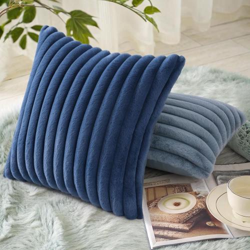 decorUhome Cozy Faux Fur Spring Throw Pillow Covers 18x18 Set of 2 Decorative Soft Plush Striped Modern Farmhouse Boho Couch Pillow Cases with Velvet Back for Sofa Bed Living Room, Blue