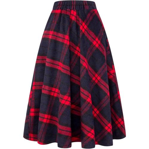 Size XXL IDEALSANXUN Womens Plaid Wool Skirts Elastic Waist A-Line Pleated Tartan Long Skirts